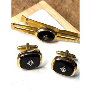Vintage Anson Gold & Black Cufflinks With Tie Clip Set-NOTE PICS